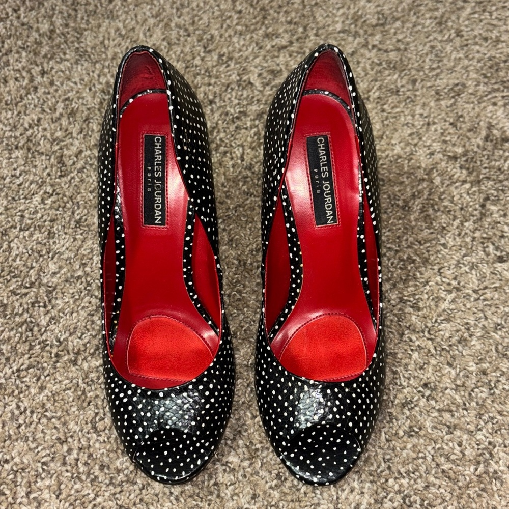 Charles Jourdan Black/White Polka Dot Heels with Red Sole
